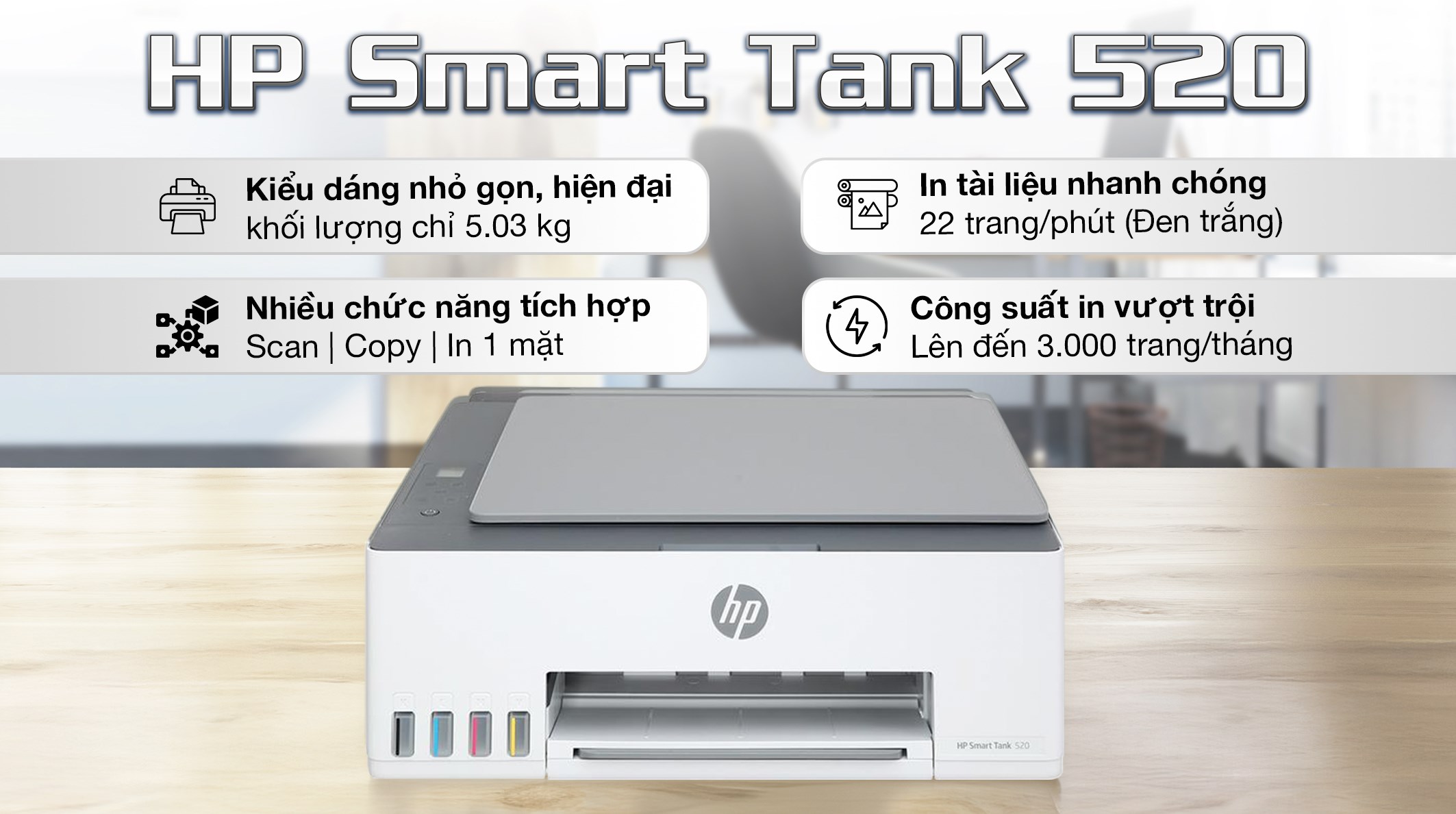 Máy in phun màu đa năng HP Smart Tank 520 (1F3W2A)