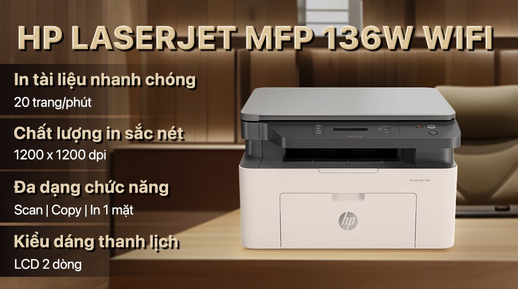 Máy in laser trắng đen đa năng HP LaserJet MFP 136w Wifi (4ZB86A)