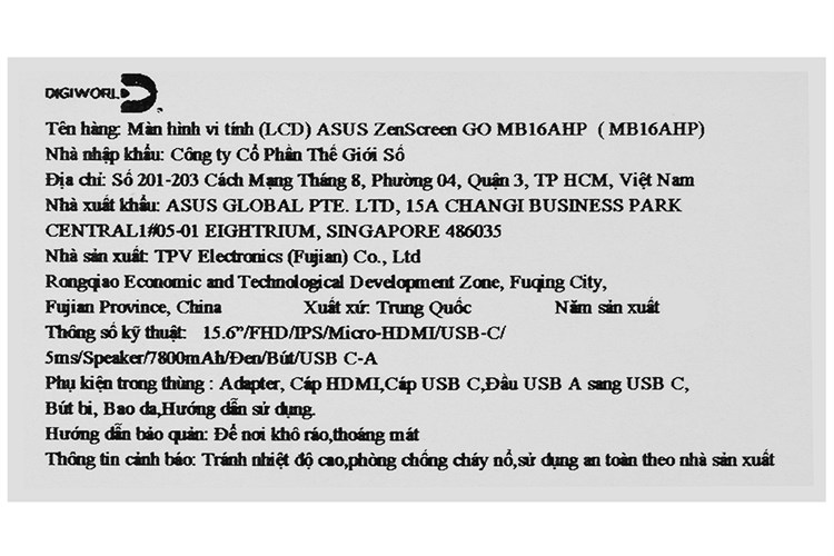 Màn hình di động Asus ZenScreen GO MB16AHP 15.6 inch FHD/60Hz/5ms/Pen/TypeC/MicroHDMI Màu Đen