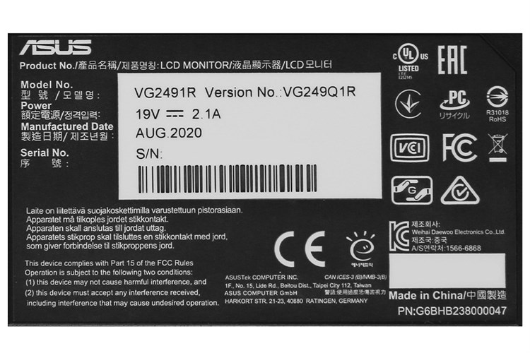 LCD ASUS TUF Gaming VG249Q1R 23.8 inch Full HD Màu Đen