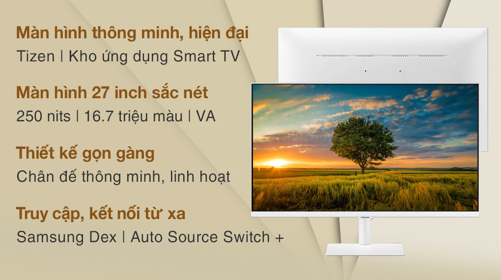 Màn hình Samsung Smart Monitor - Màn hình 27 inch: Với màn hình Samsung Smart Monitor 27 inch, bạn sẽ được trải nghiệm những tính năng thông minh hiện đại như kết nối không dây và chiếu màn hình dễ dàng. Điều này sẽ giúp việc làm việc hoặc giải trí của bạn trở nên tiện lợi và linh hoạt hơn bao giờ hết!