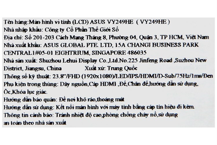Màn hình Asus VY249HE 23.8 inch Full HD/IPS/75Hz/1ms Màu Đen