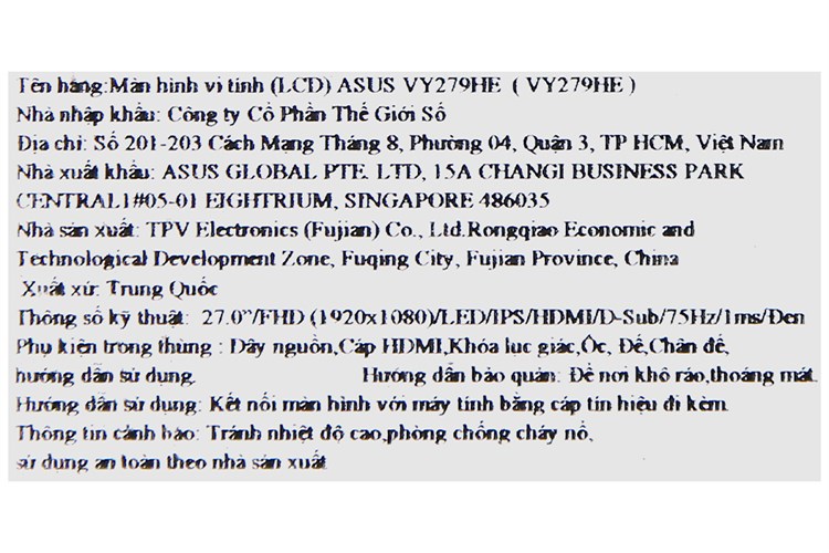 Màn hình Asus VY279HE 27 inch FHD/IPS/75Hz/1ms/FreeSync/HDMI Màu Đen