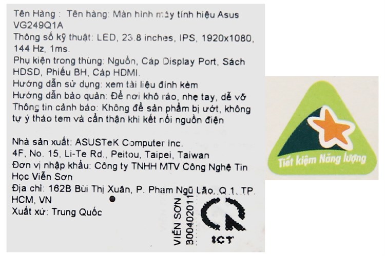 Màn hình Gaming Asus TUF VG249Q1A 23.8 inch FHD/IPS/165Hz/1ms/FreeSync/HDMI/DisplayPort Màu Đen