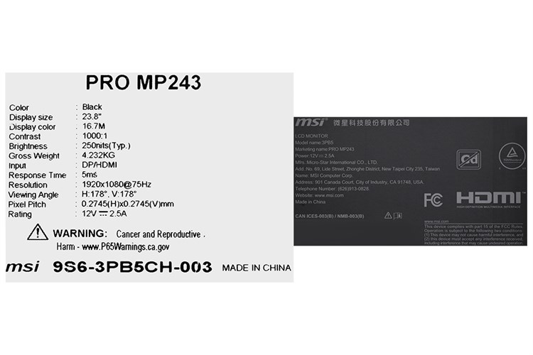 Màn hình MSI Pro MP243 23.8 inch FHD/IPS/75Hz/5ms/HDMI