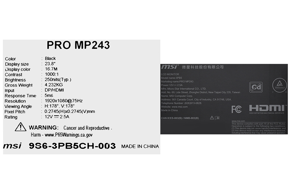 Màn hình MSI Pro MP243 23.8 inch FHD/IPS/75Hz/5ms/HDMI Màu Đen