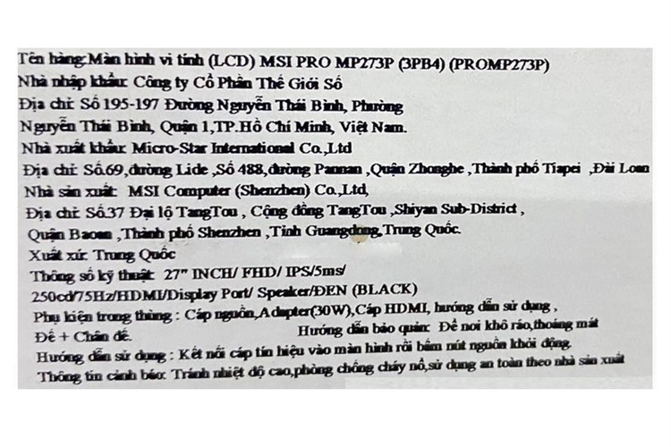 Màn hình MSI Pro MP273P 27 inch FHD/IPS/75Hz/5ms/FreeSync/HDMI Màu Đen