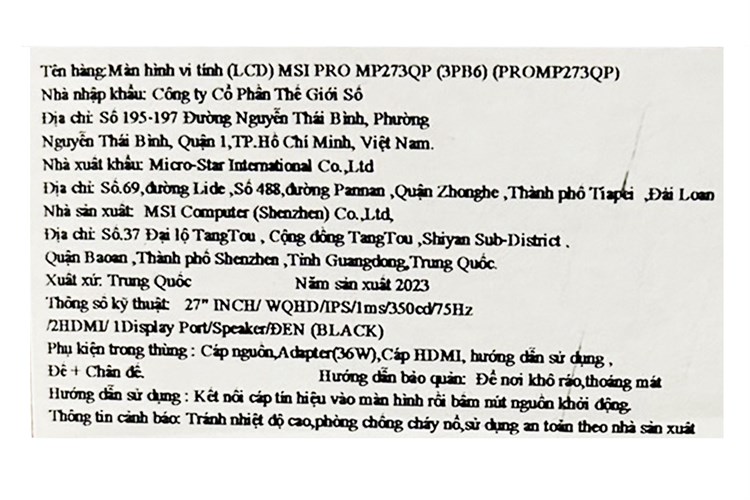 Màn hình MSI Pro MP273QP 27 inch 2K/IPS/75Hz/1ms/HDMI Màu Đen