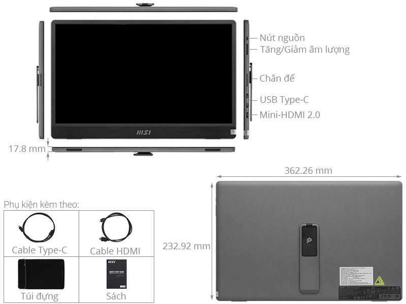 Màn hình di động MSI Pro MP161 15.6 inch FHD/IPS/60Hz/4ms/HDMI/TypeC