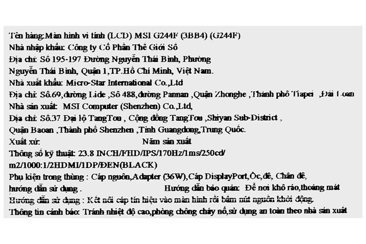Màn hình MSI Gaming G244F 23.8 inch FHD/Rapid IPS/170Hz/1ms/FreeSync/DisplayPort Màu Đen
