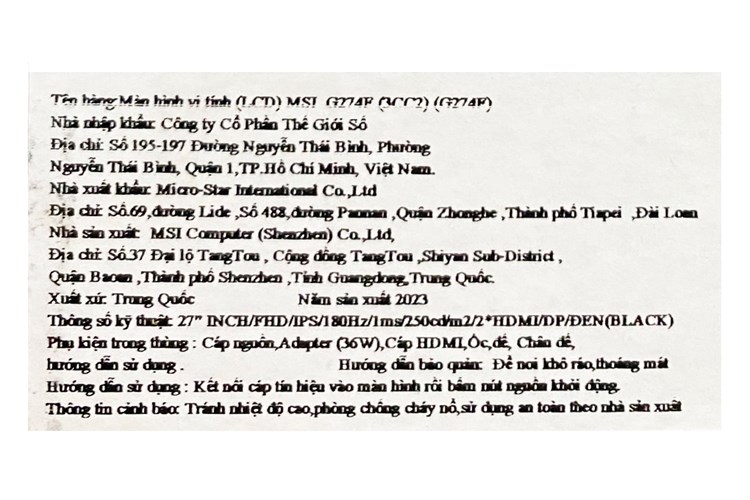 Màn hình MSI Gaming G274F 27 inch FHD/Rapid IPS/180Hz/1ms/HDMI Màu Đen