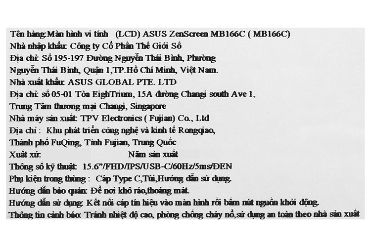 Màn hình di động Asus ZenScreen MB166C 15.6 inch FHD/IPS/60Hz/5ms/TypeC/Túi Màu Đen