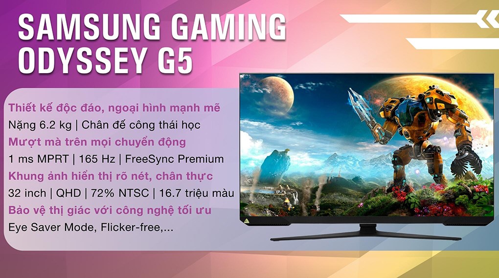 Màn hình Gaming Samsung Odyssey G5 G51C LS32CG510EEXXV 32 inch 2K/VA/165Hz/1ms/FreeSync/HDR10/DisplayPort