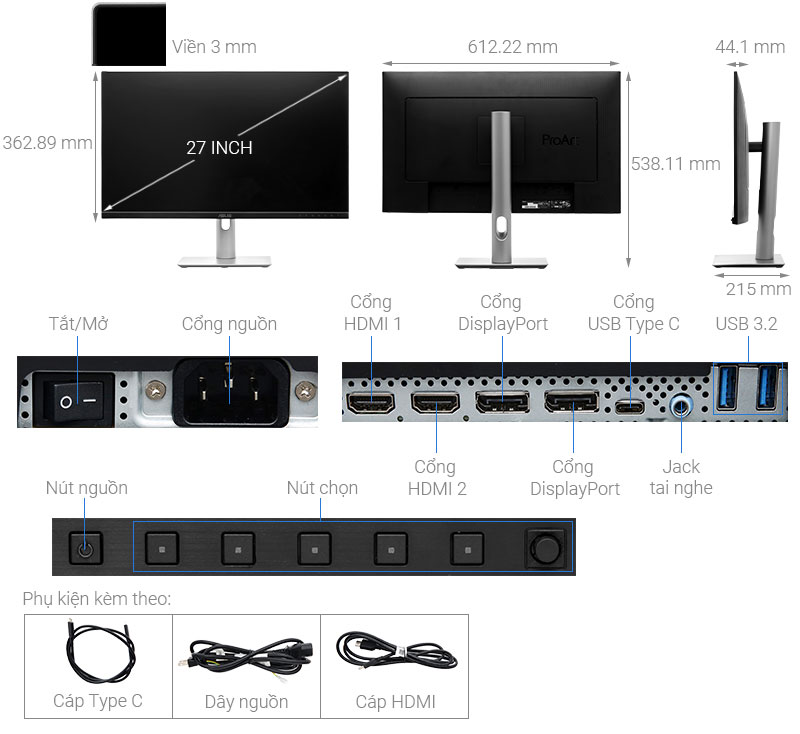 Màn hình Asus ProArt PA279CRV 27 inch 4K IPS/60Hz/5ms/DisplayPort/HDMI/TypeC