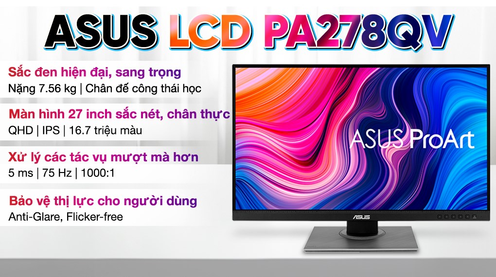 Màn hình Asus ProArt PA278QV 27 inch 2K IPS/75Hz/5ms/DisplayPort/HDMI/VGA/USB