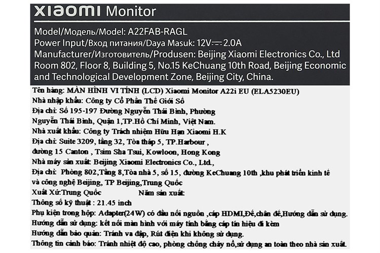 Màn hình Xiaomi A22i 21.45 inch FHD/VA/75Hz/6ms/HDMI (ELA5230EU) Màu Đen