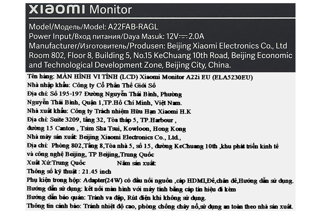 Màn hình Xiaomi A22i 21.45 inch FHD/VA/75Hz/6ms/HDMI (ELA5230EU) Màu Đen