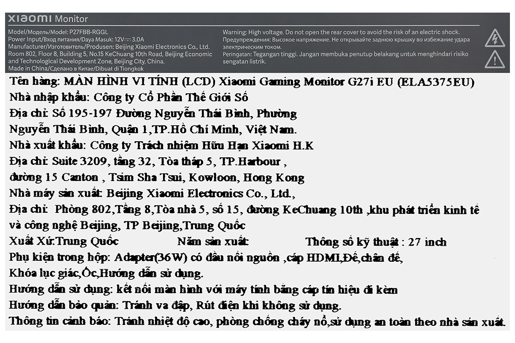 Màn hình Gaming Xiaomi G27i 27 inch FHD/IPS/165Hz/1ms/FreeSync/HDMI - 9
