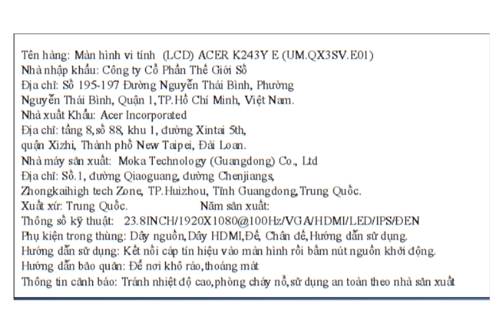Màn hình Acer K243Y E 23.8 inch FHD/IPS/100Hz/1ms/HDMI Màu Đen
