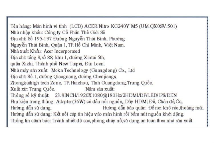 Màn hình Gaming Acer Nitro KG0 KG240Y M5 23.8 inch FHD/IPS/180Hz/1ms/HDMI Màu Đen