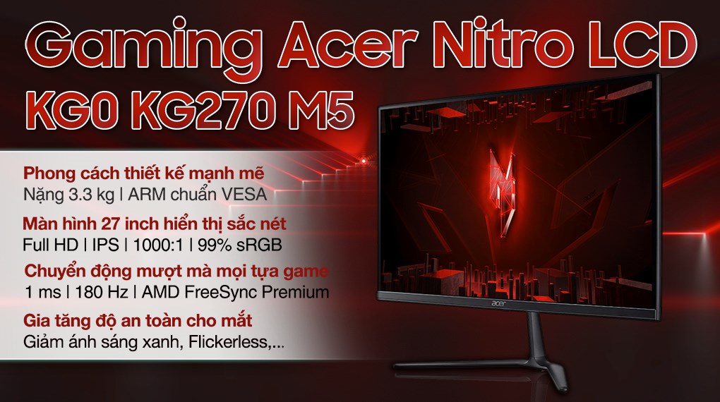 Màn hình Gaming Acer Nitro KG0 KG270 M5 27 inch FHD/IPS/180Hz/1ms/HDMI