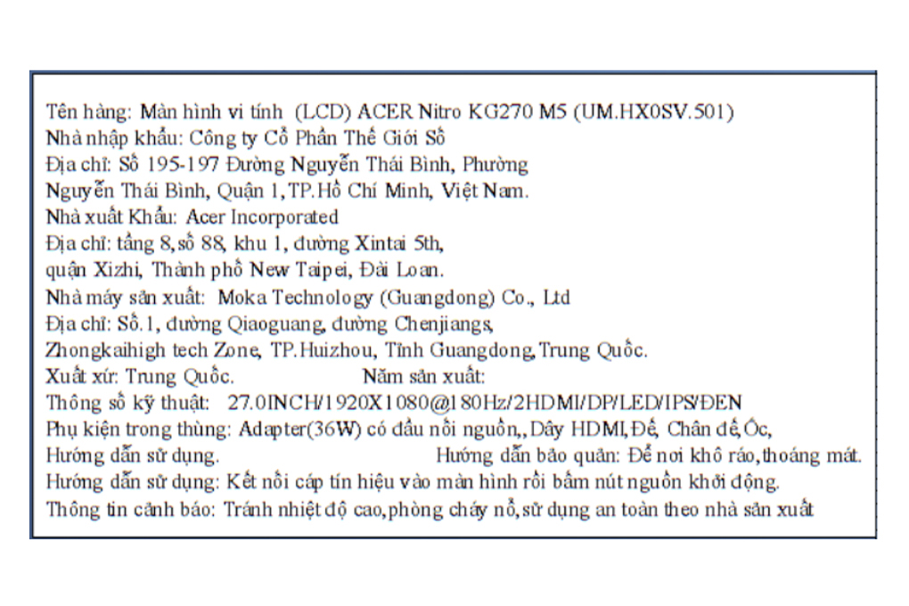 Màn hình Gaming Acer Nitro KG0 KG270 M5 27 inch FHD/IPS/180Hz/1ms/HDMI Màu Đen