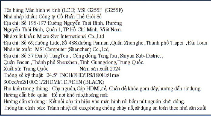 Màn hình Gaming MSI G255F 24.5 inch FHD/Rapid IPS/180Hz/1ms Màu Đen