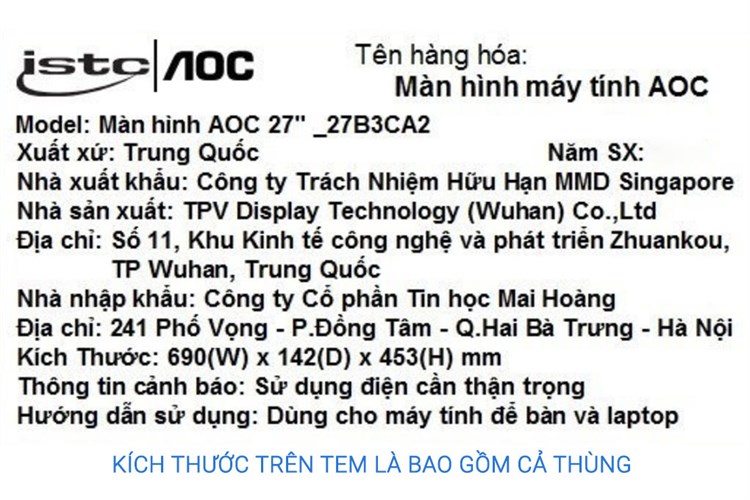 Màn hình AOC 27B3CA2/74 27 inch FHD/IPS/100Hz/1ms/HDMI/TypeC Màu Đen