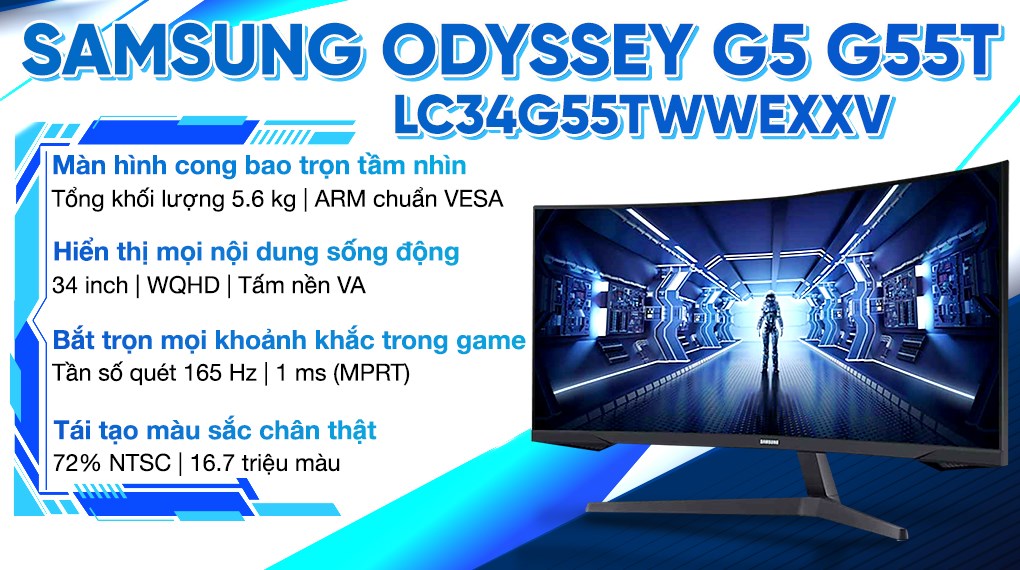 Màn hình gaming Samsung Odyssey G5 G55T LC34G55TWWEXXV 34 inch WQHD/VA/165Hz/1ms