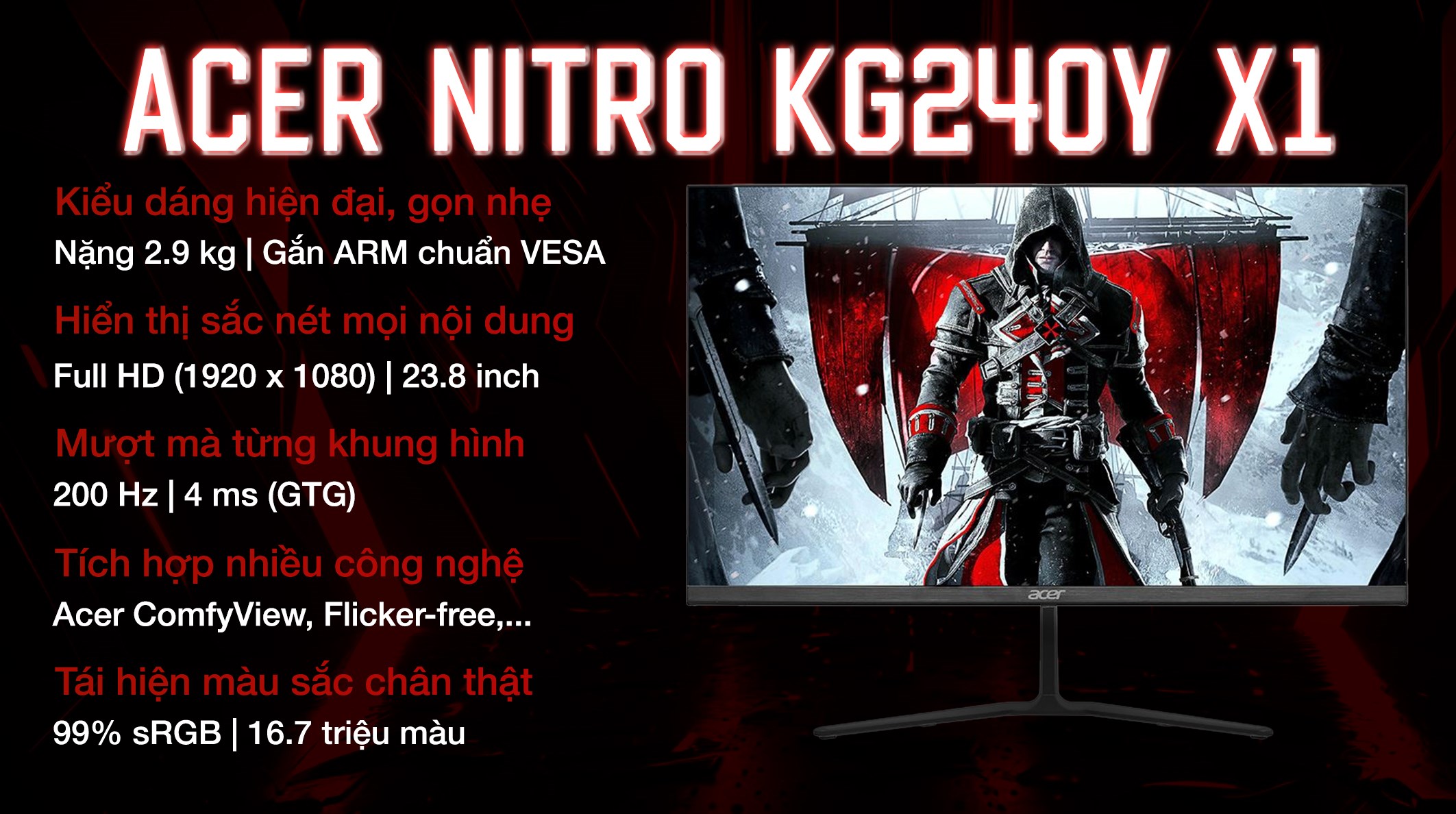 Màn hình Gaming Acer Nitro KG240Y X1 23.8 inch FHD/IPS/200Hz/4ms
