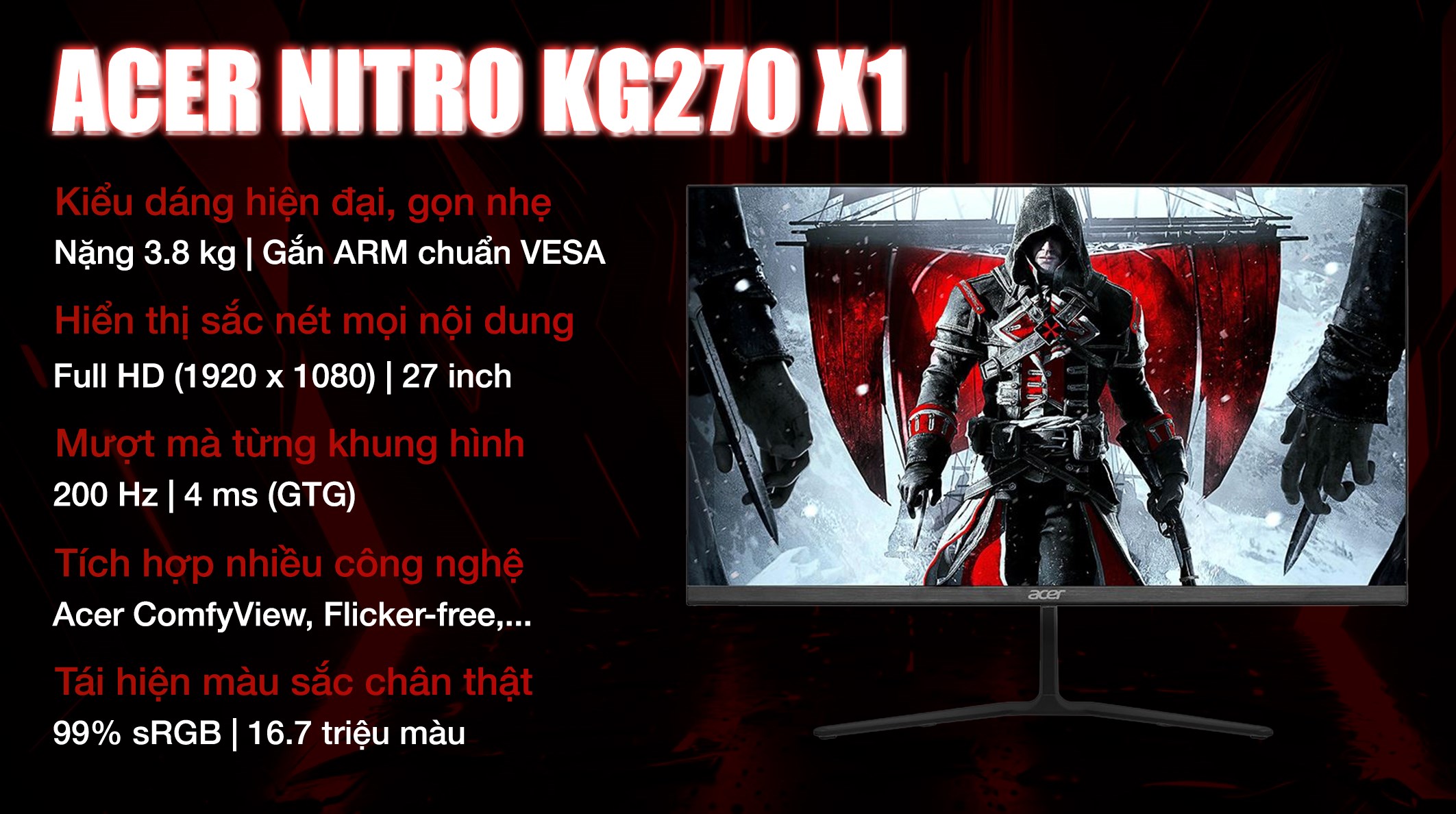 Màn hình Gaming Acer Nitro KG270 X1 27 inch FHD/IPS/200Hz/4ms