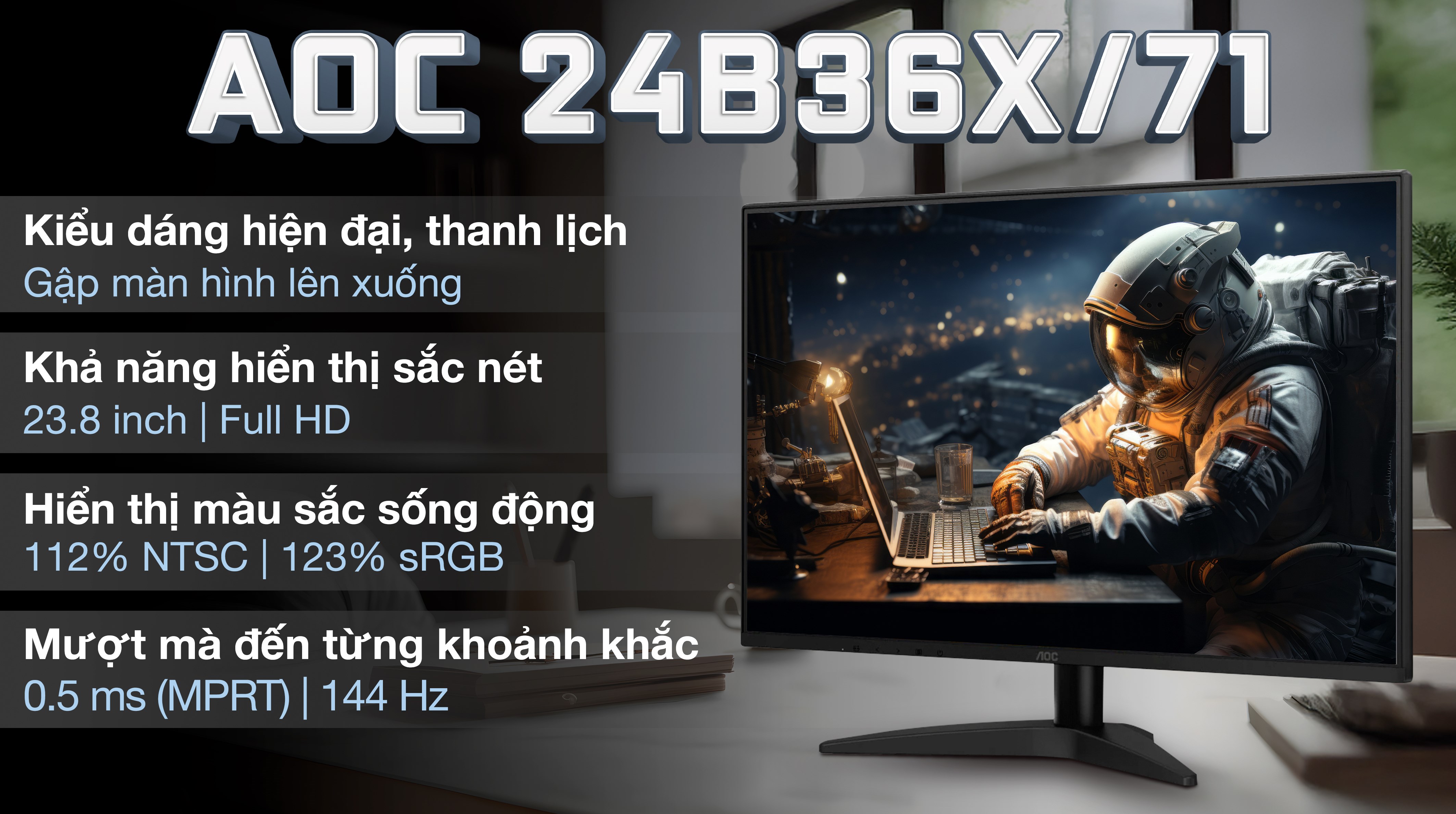 Màn hình AOC 24B36X/71 23.8 inch FHD/IPS/144Hz/0.5ms
