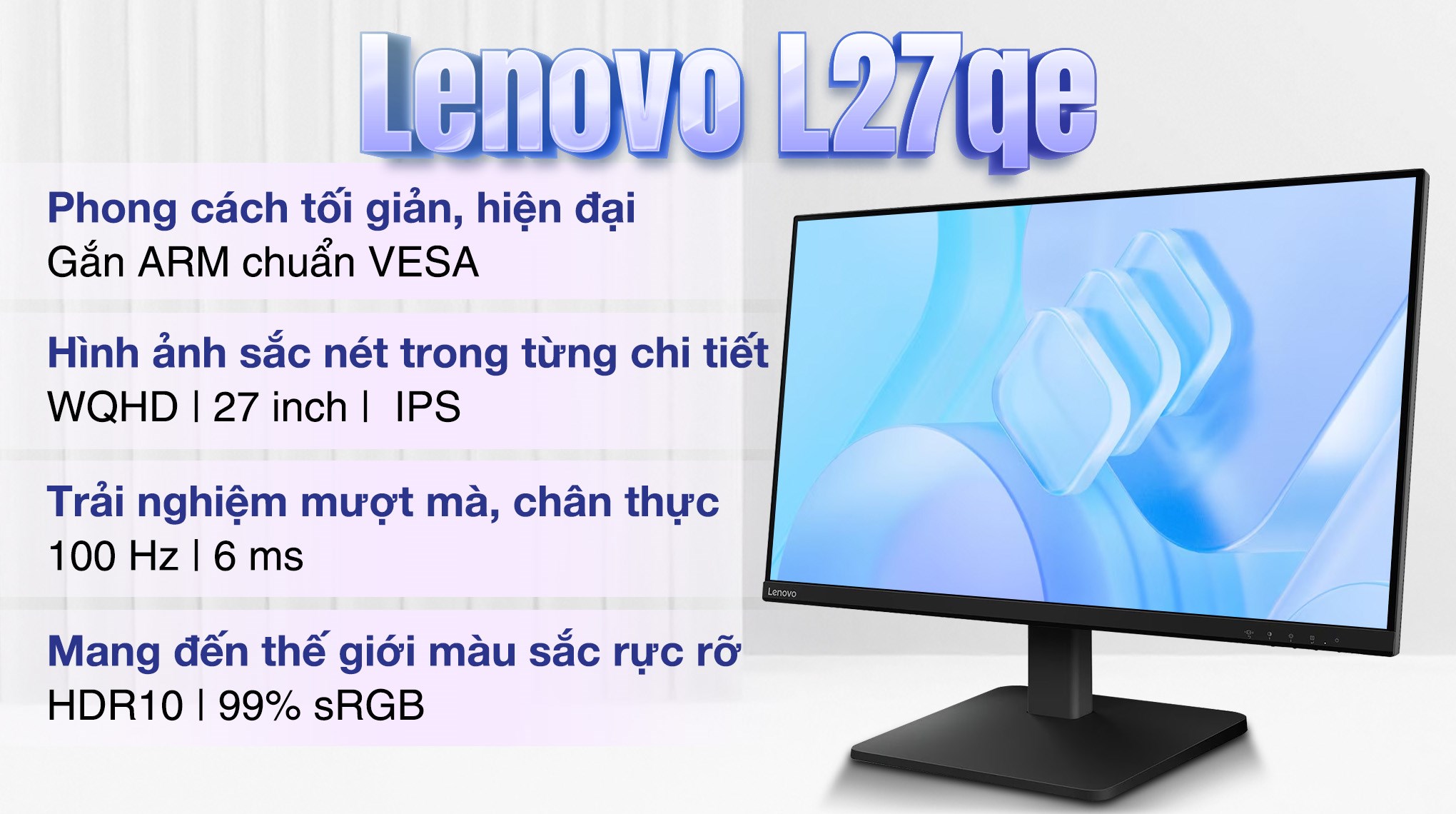 Màn hình Lenovo L27qe (27 inch 2K, IPS, 100Hz, 6ms)