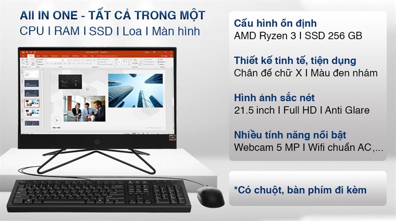 HP 205 Pro G4 AIO R3 4300U/4GB/256GB/21.5 inch Full HD/Bàn phím/Chuột/Win10 (31Z16PA)
