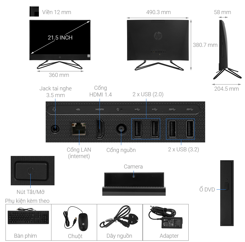HP 200 Pro G4 AIO i3 10110U/4GB/256GB/21.5 inch Full HD/Bàn phím/Chuột/Win10 (2J860PA)