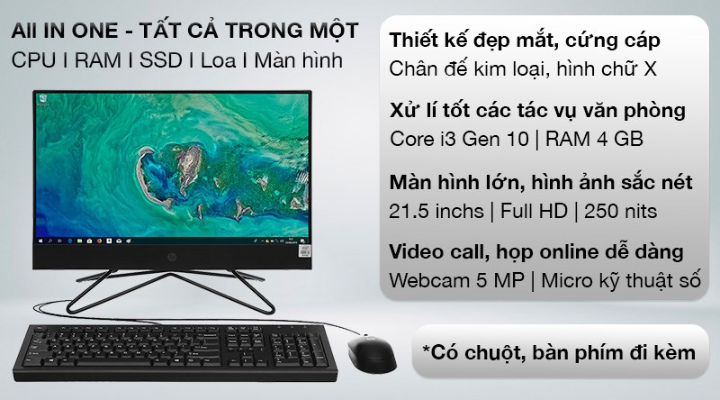 HP 200 Pro G4 AIO i3 10110U/4GB/256GB/21.5 inch Full HD/Bàn phím/Chuột/Win10 (2J860PA)