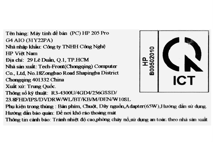 HP 205 Pro G4 AIO R3 4300U/4GB/256GB/23.8 inch Full HD/Bàn phím/Chuột/Win10 (31Y22PA) Màu Đen