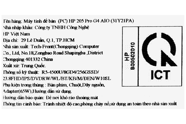 HP 205 Pro G4 AIO R5 4500U/8GB/256GB/23.8 inch Full HD/Bàn phím/Chuột/Win10 (31Y21PA) Màu Đen