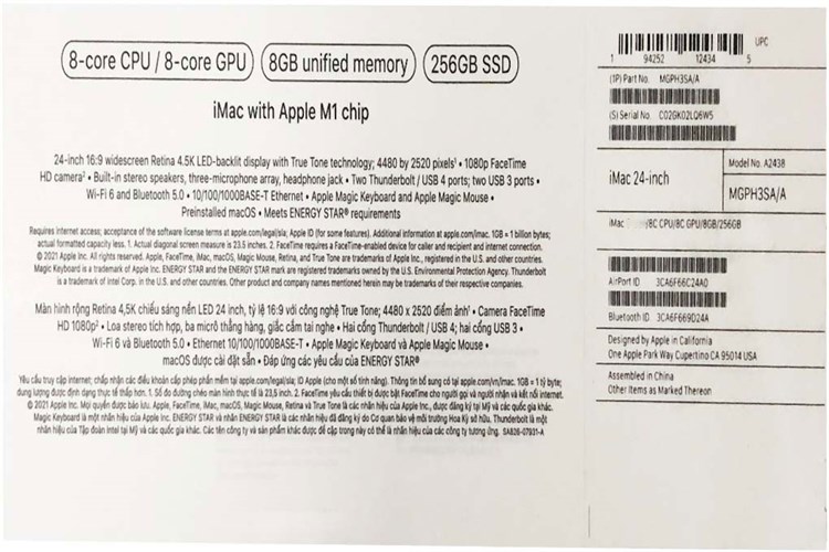 iMac 24 inch 2021 4.5K M1/256GB/8GB/8-core GPU (MGPK3SA/A) Màu Xanh Dương