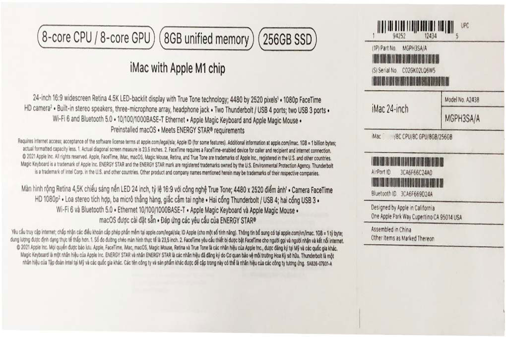 iMac 24 inch 2021 4.5K M1/256GB/8GB/8-core GPU (MGPK3SA/A) Màu Xanh Dương