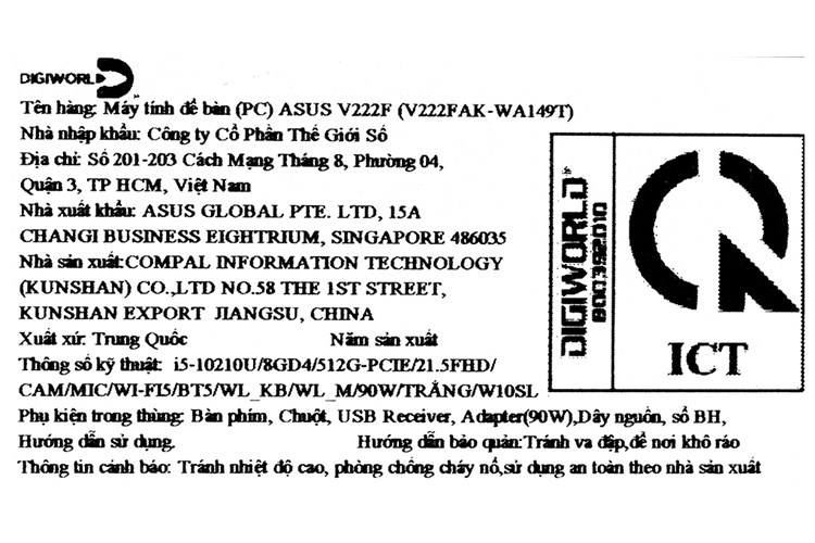 Asus Vivo AIO V222FAK i5 10210U/8GB/512GB/21.5 inch Full HD/Bàn phím/Chuột/Win10 (WA149T) Màu Trắng