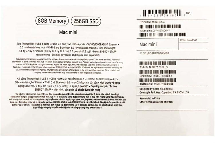 Mac Mini 2020 M1 8-core/8GB/256GB/Silver (MGNR3SA/A) Màu Bạc