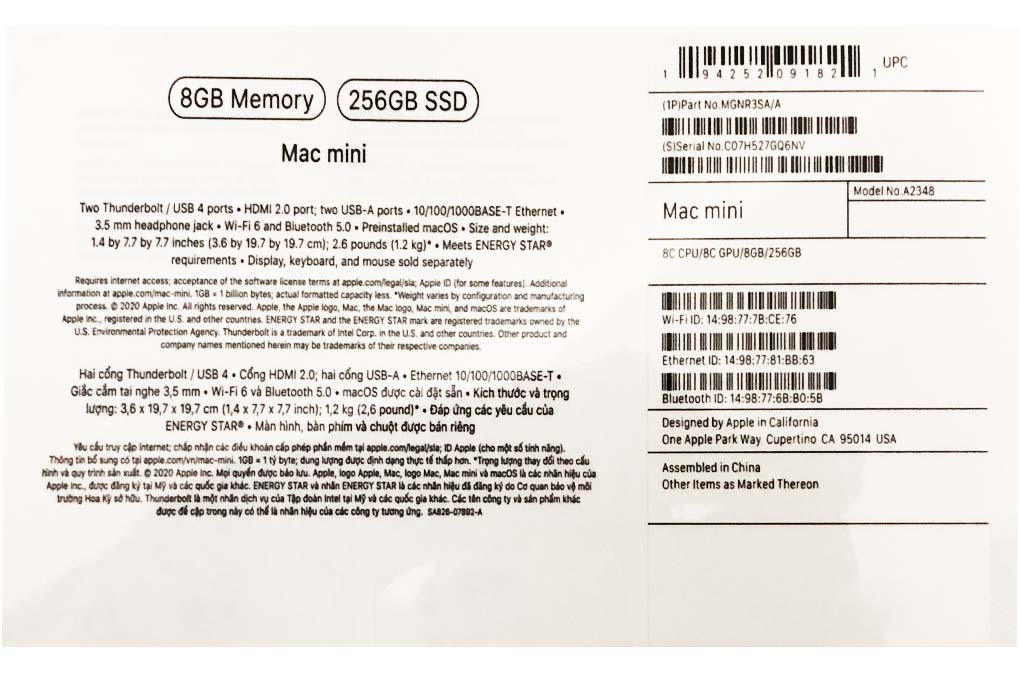 Mac Mini 2020 M1 8-core/8GB/256GB/Silver (MGNR3SA/A) Màu Bạc