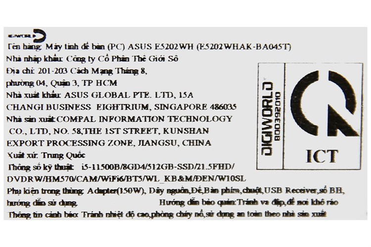 Asus ExpertCenter AIO E5202WHAK i5 11500B/8GB/512GB/21.5"FullHD/Bàn phím/Chuột//Win10 (BA045T) Màu Đen