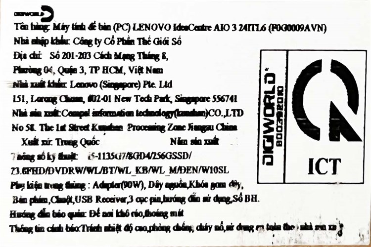 Lenovo IdeaCentre AIO 3 24ITL6 i5 1135G7/8GB/256GB/23.8" FullHD/Bàn phím&Chuột/Win10 (F0G0009AVN) Màu Đen