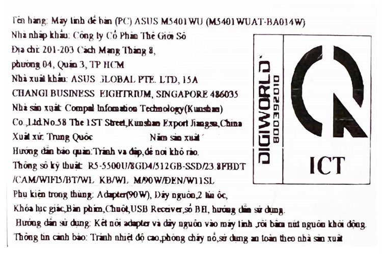 Asus Zen AIO M5401WU R5 5500U/8GB/512GB/23.8"F/Touch/Bàn phím&Chuột/Win11 (BA014W) Màu Đen