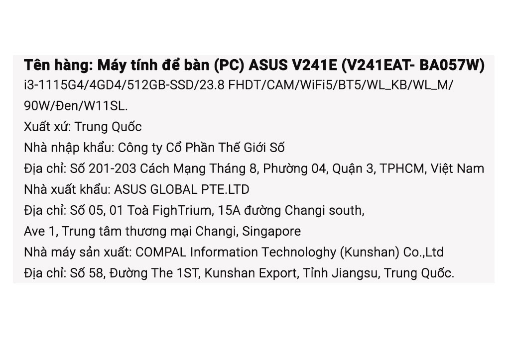 Asus AIO V241EAT i3 1115G4/4GB/512GB/23.8" FulllHD/Touch/Bàn phím&Chuột/Win11 (BA057W) Màu Đen
