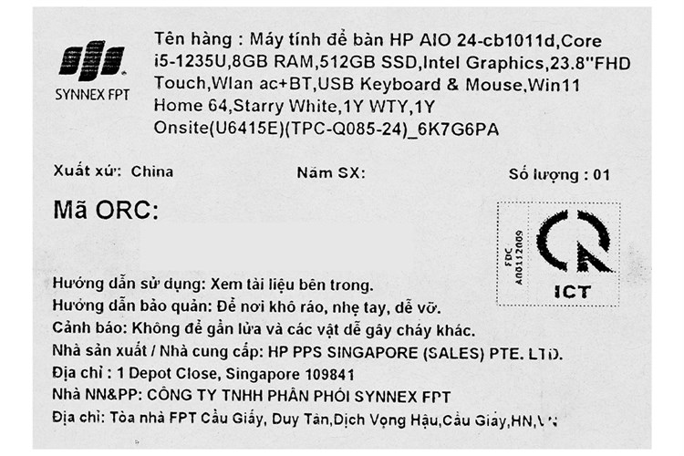 HP AIO 24-cb1011d i5 1235U/8GB/512GB/23.8"Full HD/Touch/Bàn phím&Chuột/Win11 (6K7G6PA) Màu Trắng