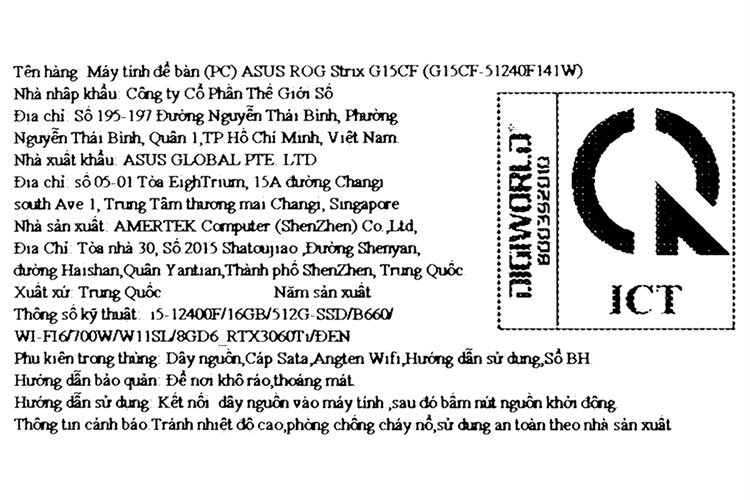 PC Gaming Asus ROG Strix G15CF-51240F141W i5 12400F/16GB/512GB/8GB RTX3060Ti/Win11 Màu Đen
