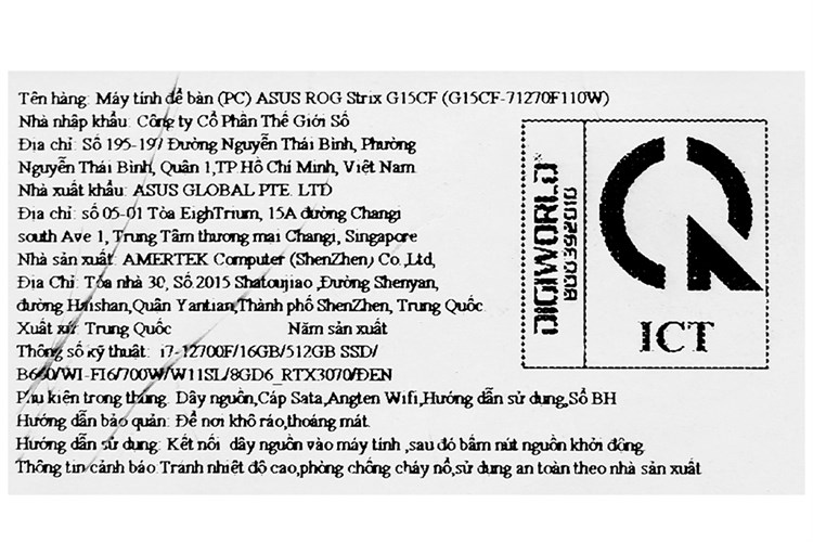 PC Gaming Asus ROG Strix G15CF-71270F110W i7 12700F/16GB/512GB/8GB RTX3070/Win11 Màu Đen